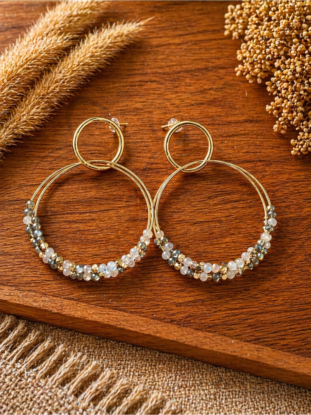 Gold Hoop Earrings with Iridescent Beads - Women Jewelry
